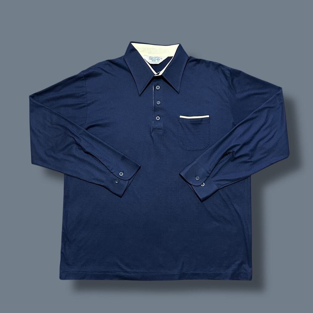 Vintage 70s Polo Shirt Long Sleeve Manhattan Nature Knit Cotton Blend Navy Blue